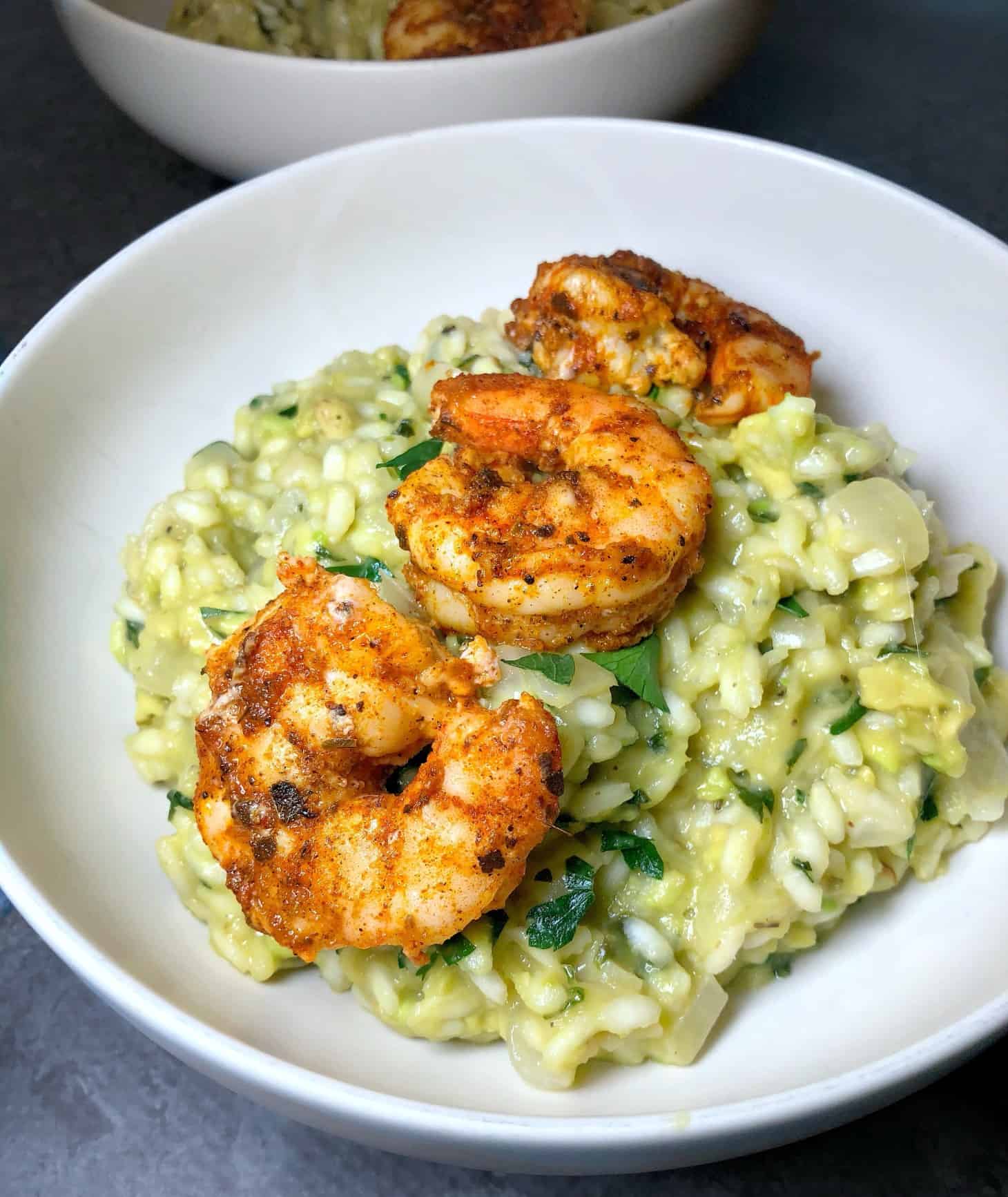 blackened shrimp on avocado risotto