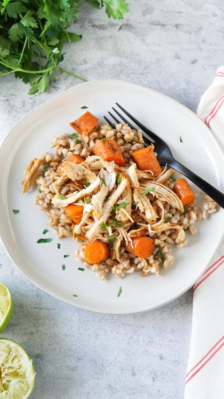 pulled chicken on a white plate with carrots and a black fork