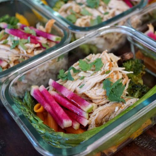 Slow cooker shredded chili lime chicken bowl meal prep