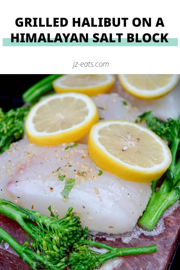 Halibut Grilled On A Himalayan Salt Block With Broccolini pinterest pin