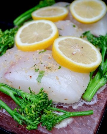 Halibut Grilled On A Himalayan Salt Block With Broccolini