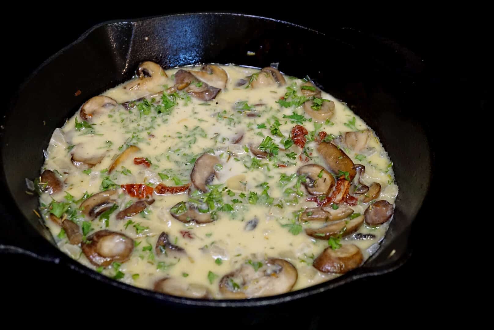 One Pan Skillet Chicken With Spinach Sun Dried Tomatoes and Creamy Mushroom Sauce