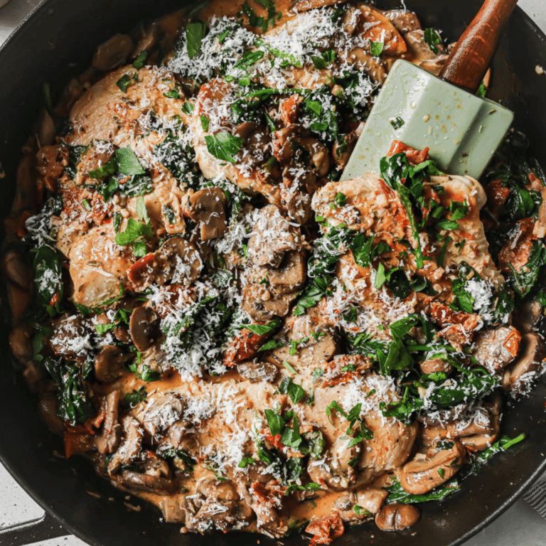 creamy mushroom chicken in a black skillet with a spatula