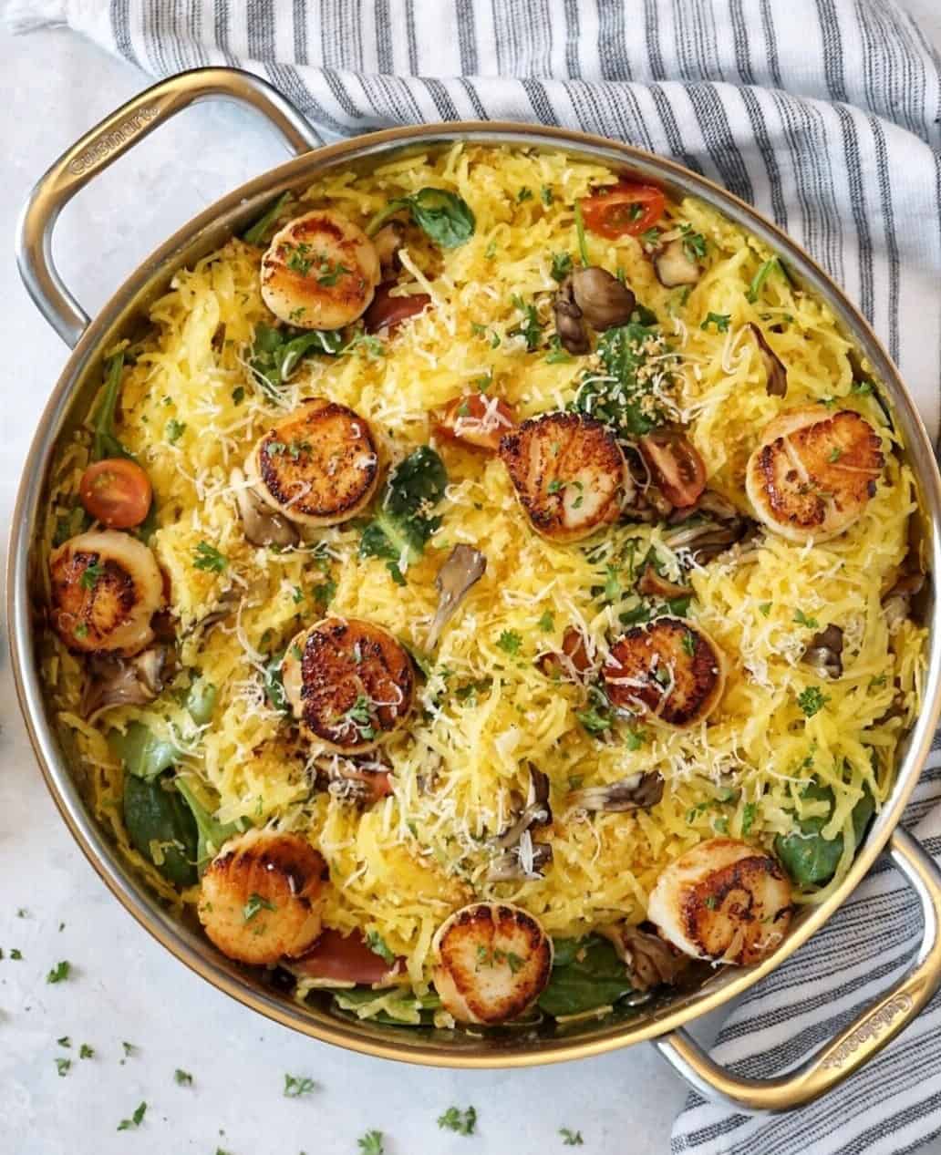 Overhead shot of scallops over spaghetti squash