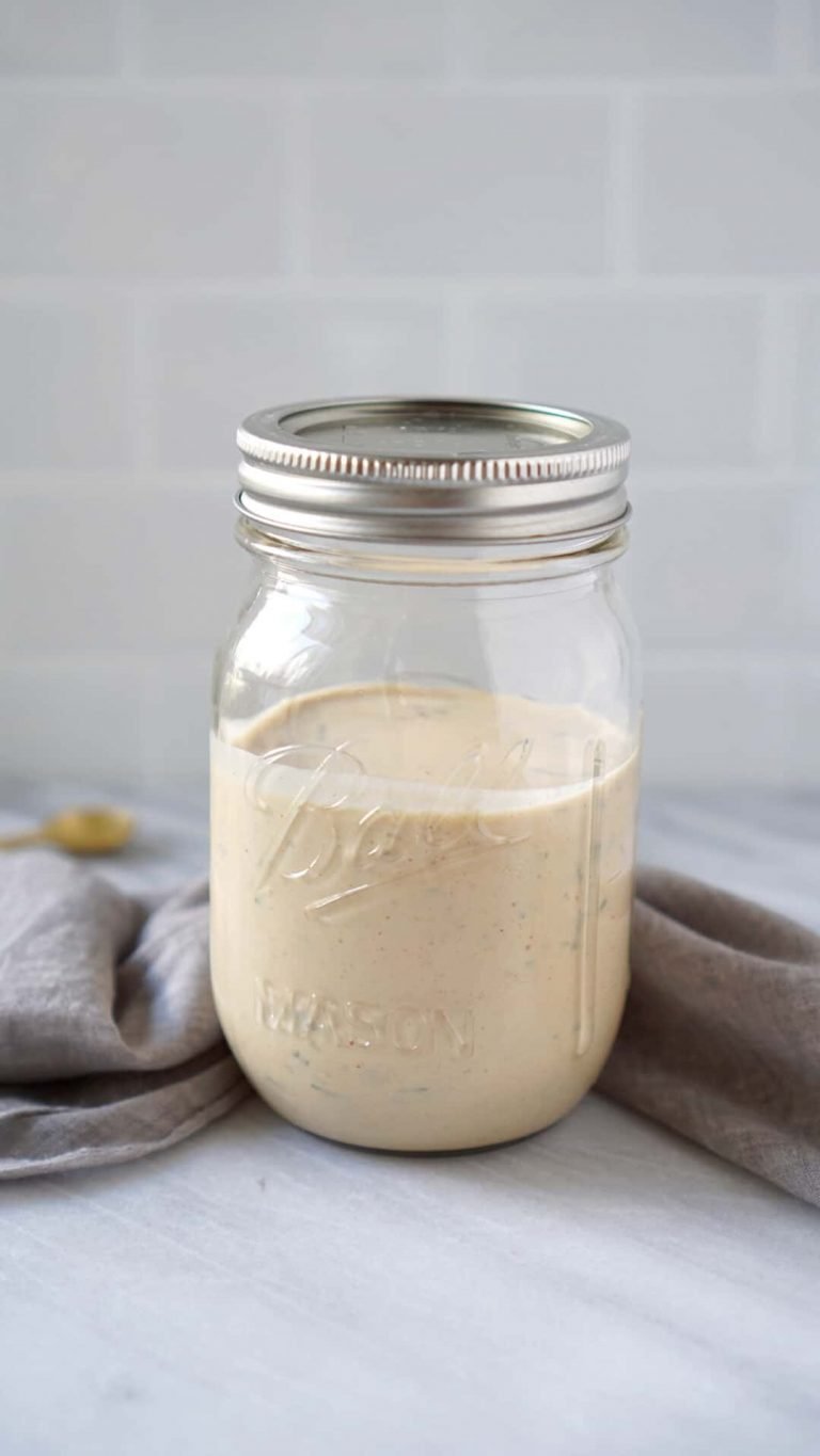 Tahini sauce in a mason jar with a white tile background