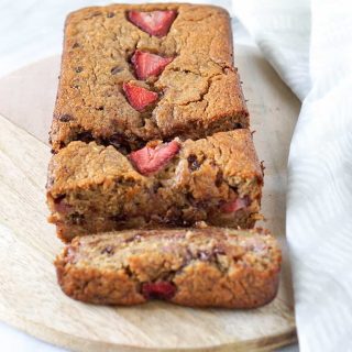 strawberry banana bread on a wooden tray