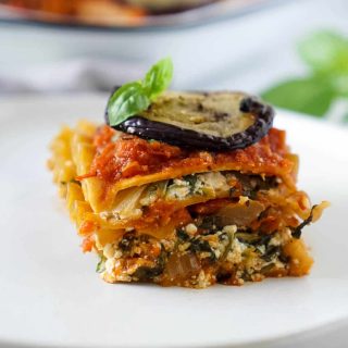 vegan lasagna on a white plate