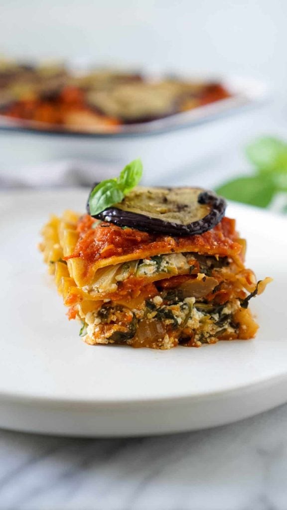 vegan lasagna on a white plate