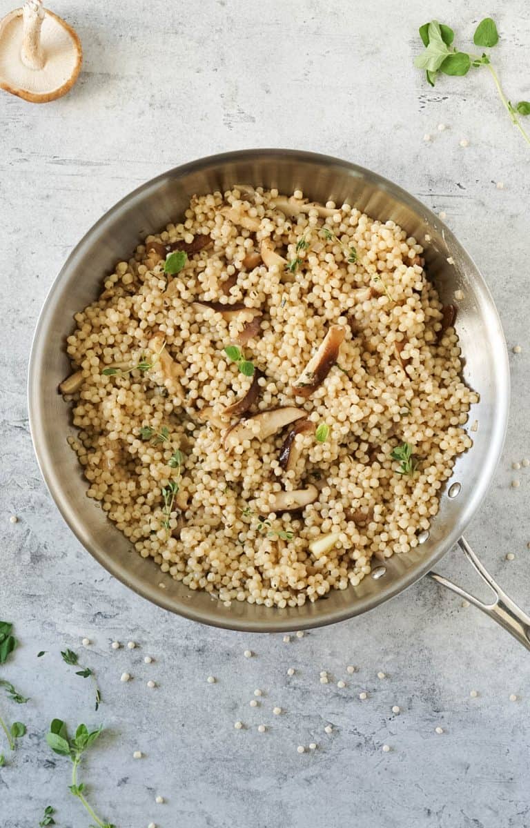 israeli couscous recipe in a silver pan