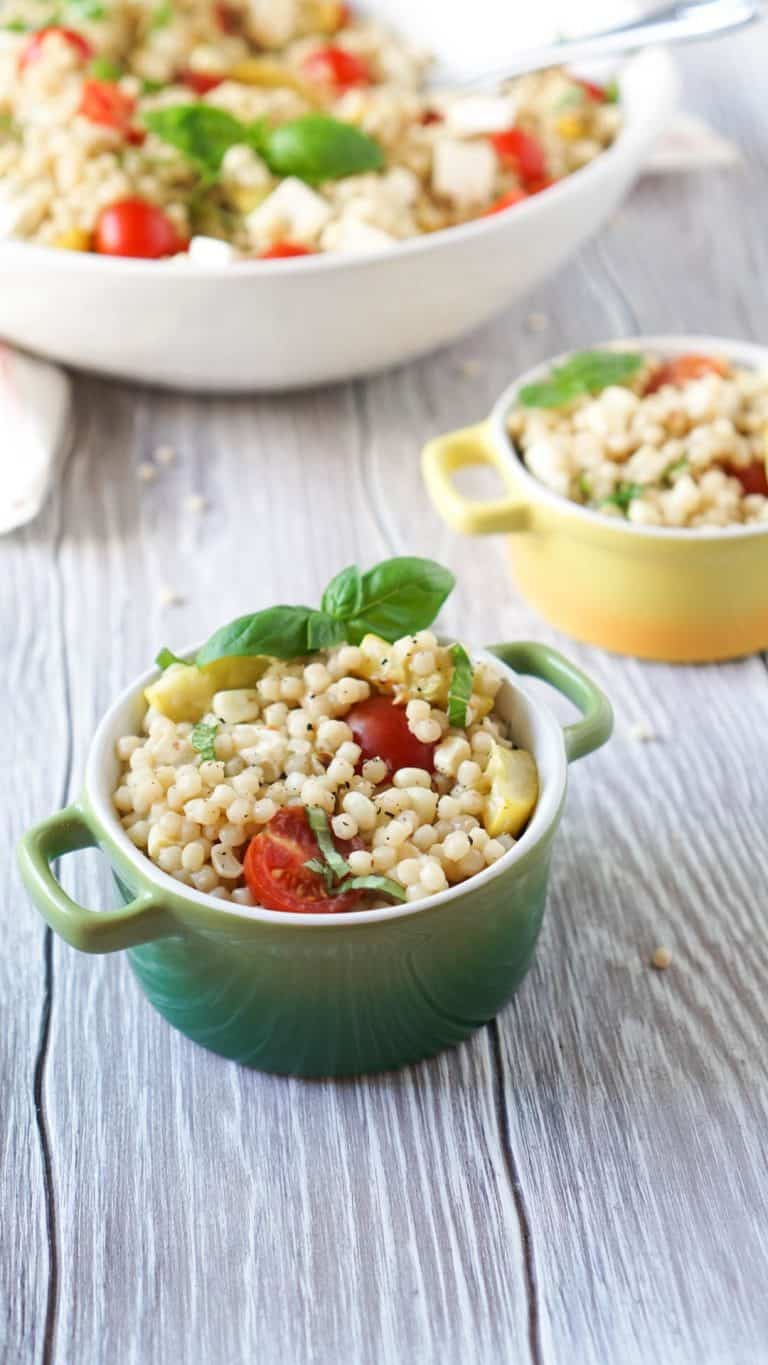 farmers market couscous salad in 2 small bowls