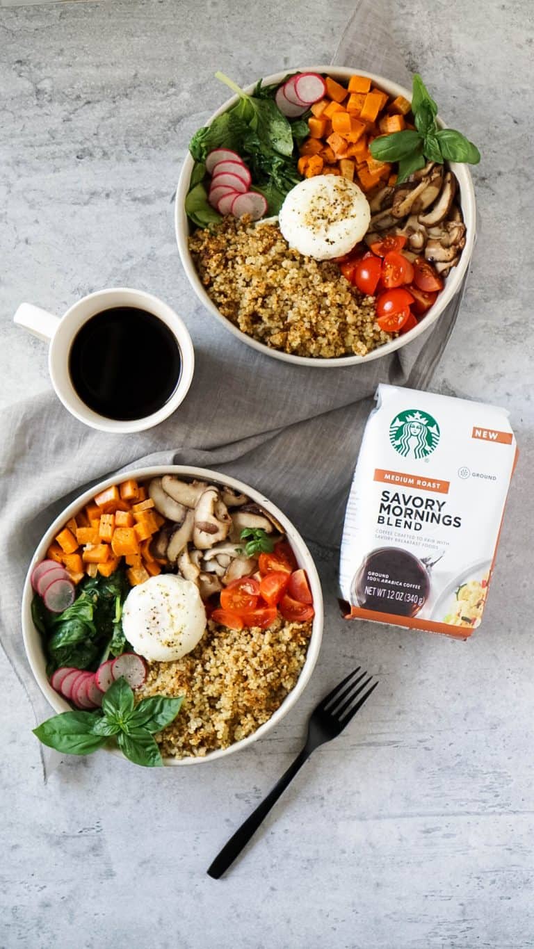 two quinoa bowls with starbucks coffee and a black fork