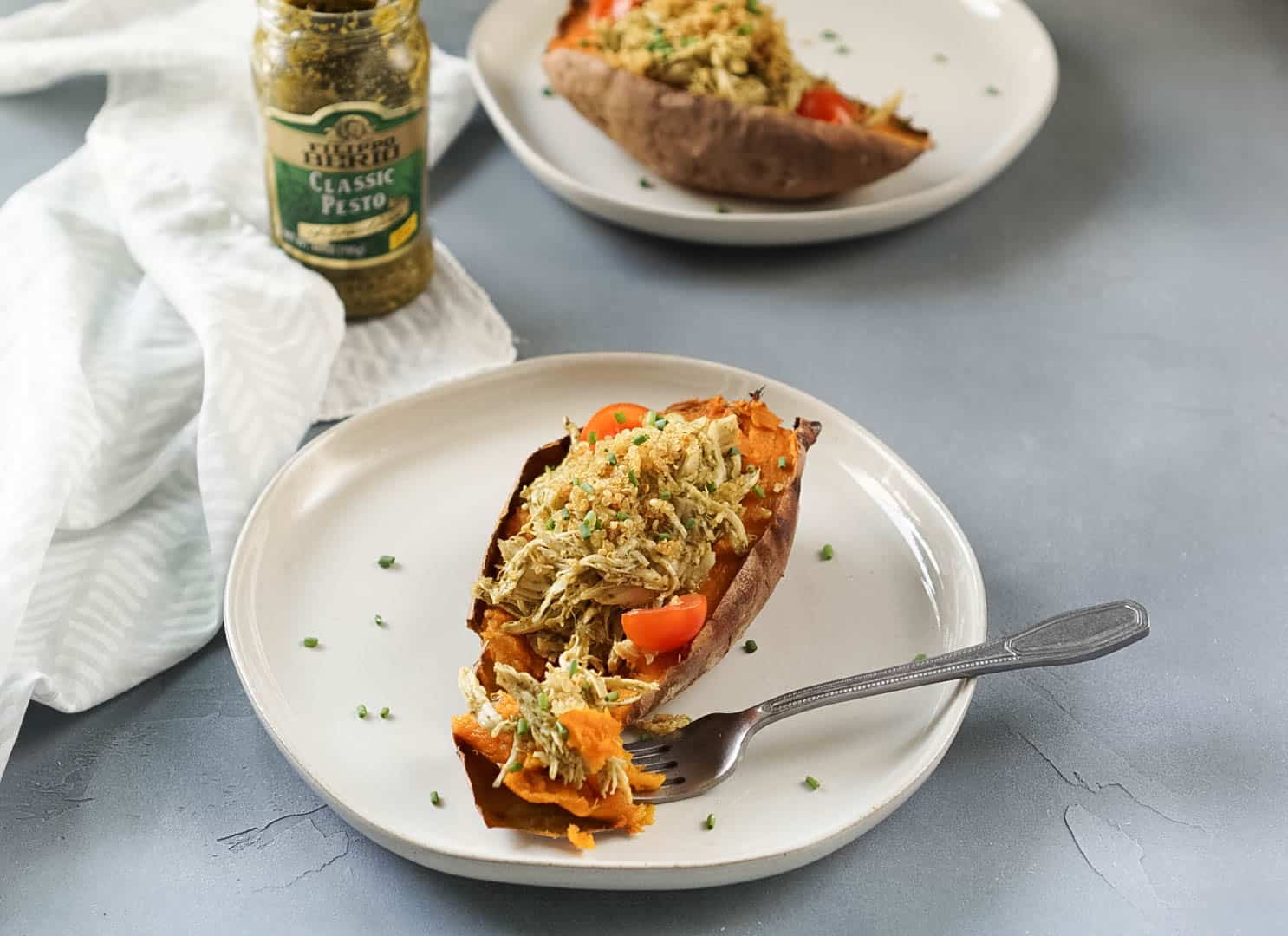 Pesto Chicken Stuffed Sweet Potatoes With Crispy Quinoa - JZ Eats