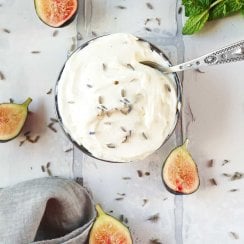 whipped goat cheese with fresh figs sliced in half and mint