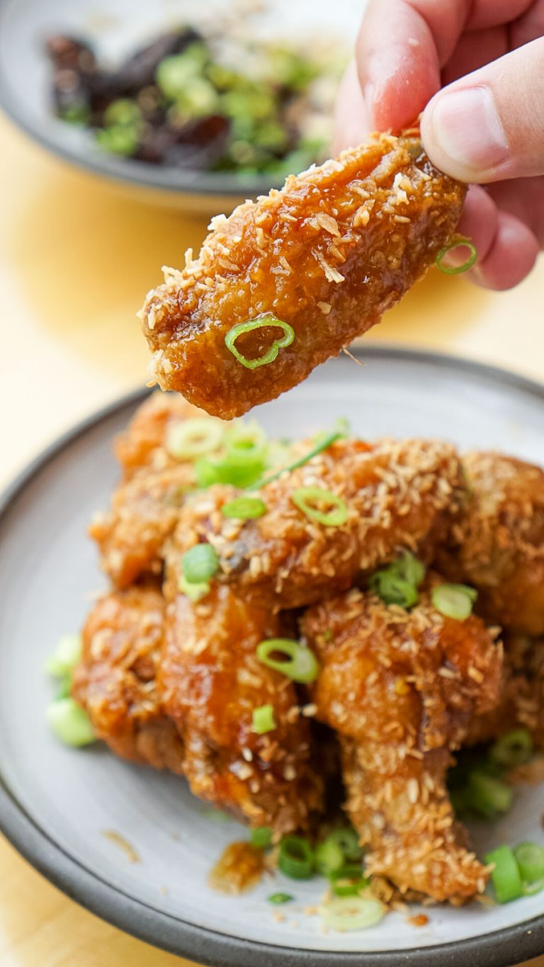 a hand holding a fried chicken wing 