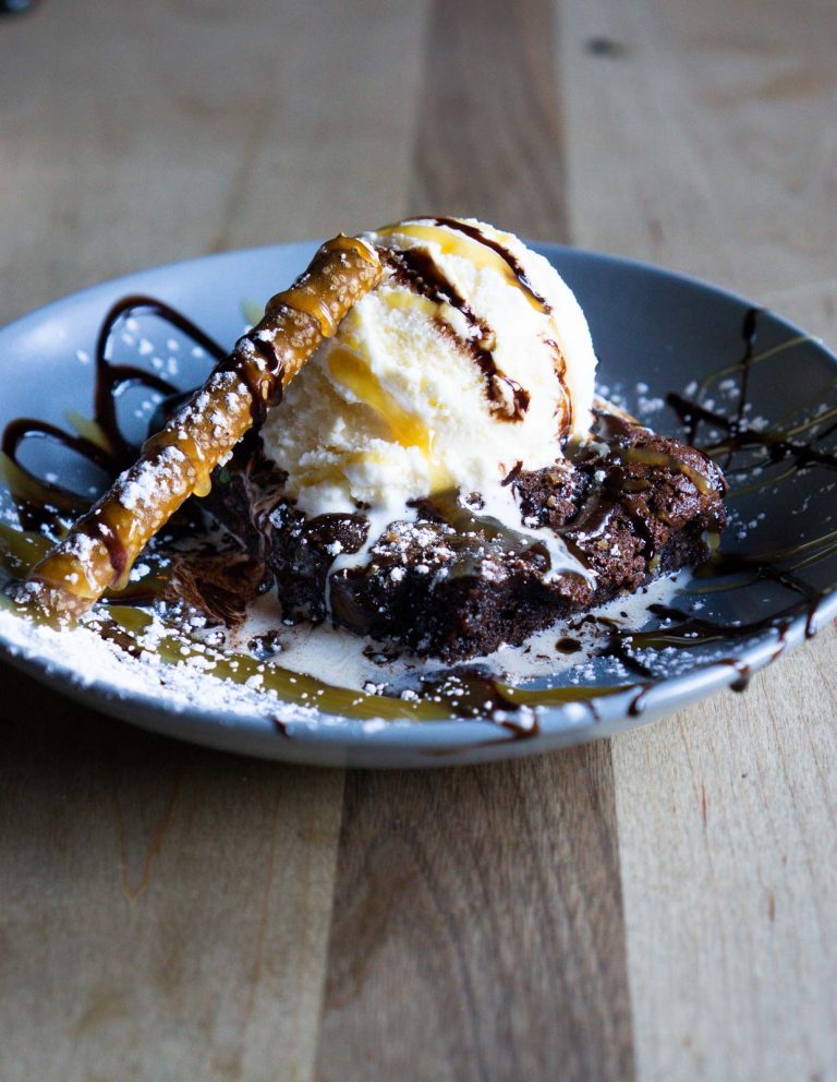 pretzel brownie sundae on a plate