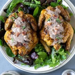 two cornish hens with bacon gravy on a plate with lettuce