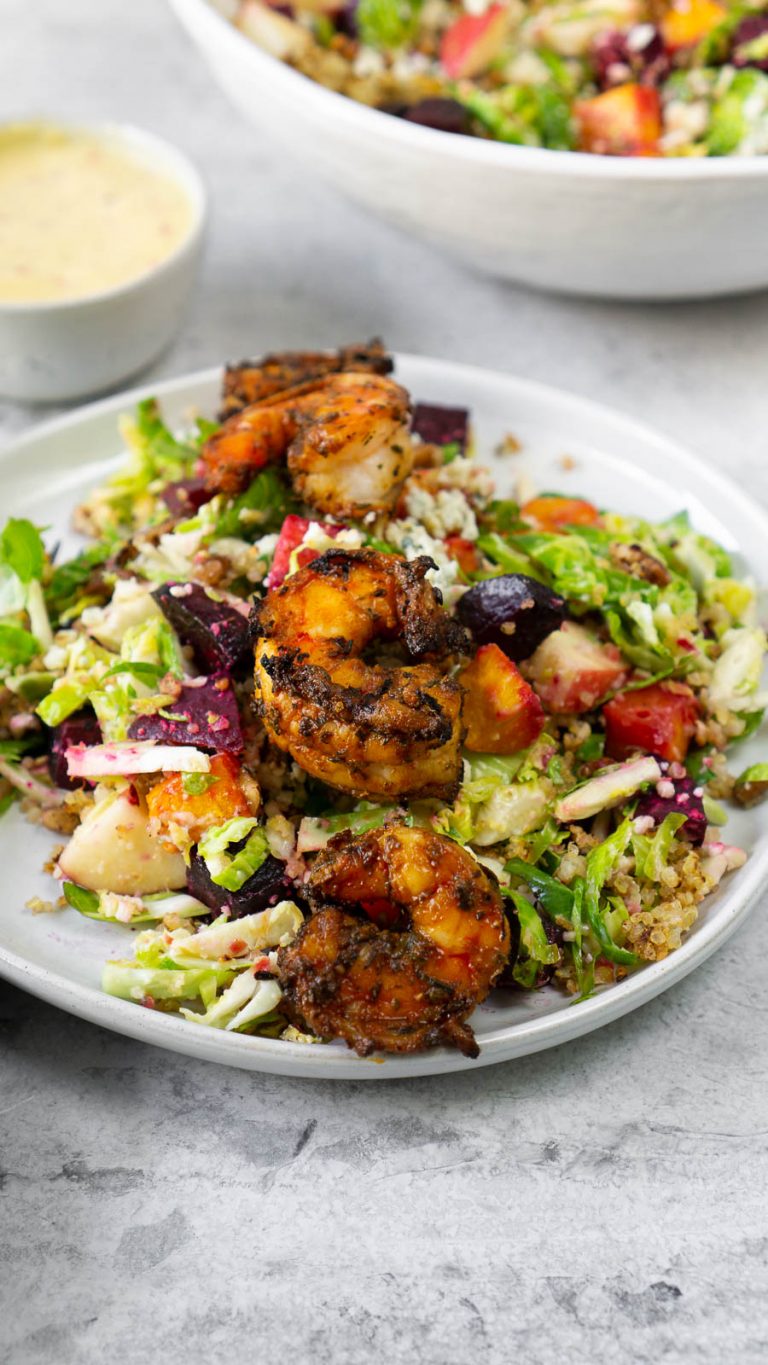 blackened shrimp on a fall harvest salad