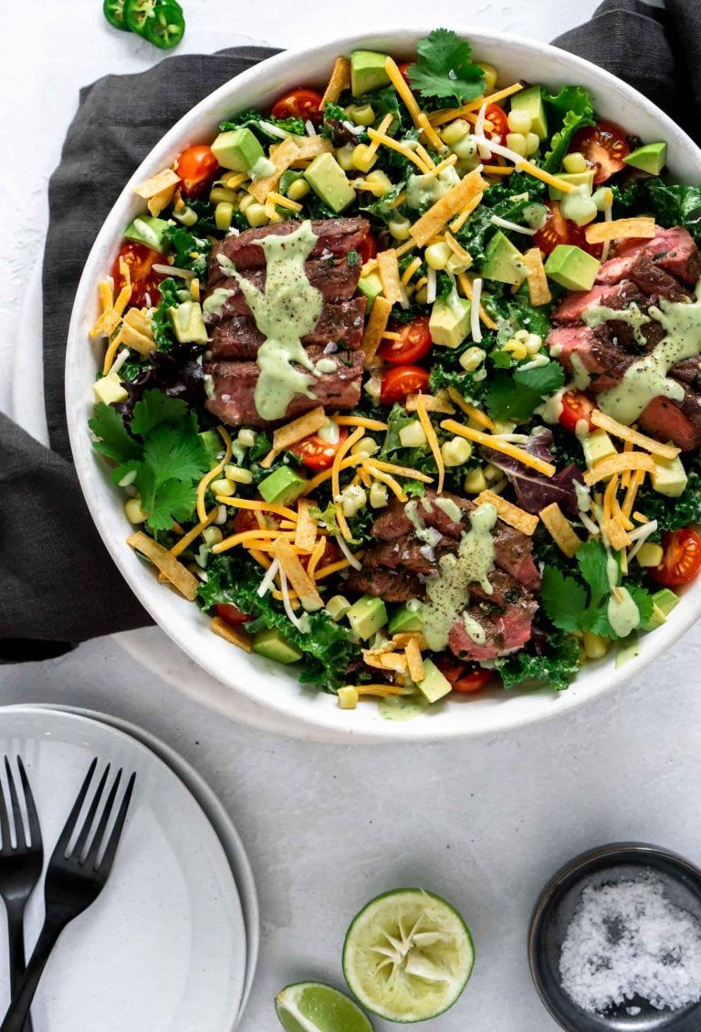 Tex-Mex Flank Steak Salad With Avocado Lime Dressing - JZ Eats