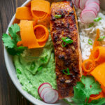 close up of a blackened salmon rice bowl