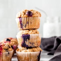 3 lemon blueberry oatmeal muffins stacked