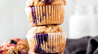 3 lemon blueberry oatmeal muffins stacked