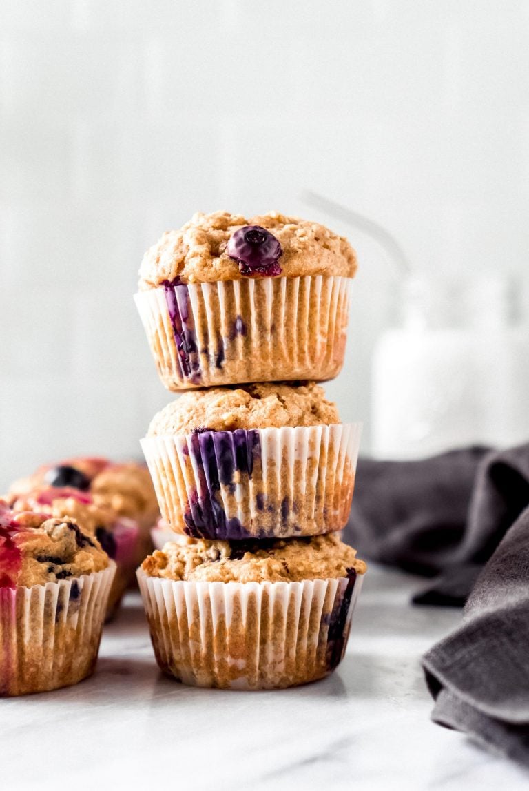 3 lemon blueberry oatmeal muffins stacked