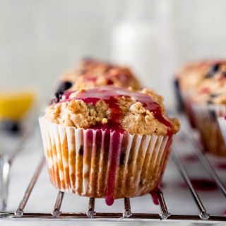 lemon blueberry muffins on a cooling rack