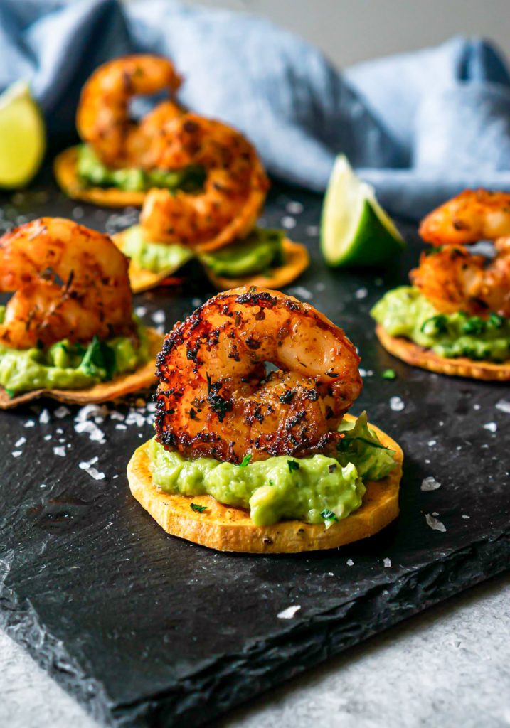 blackened shrimp with sweet potatoes and guacamole