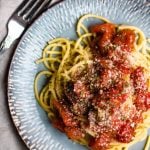 5 ingredient pasta sauce over spaghetti on a plate