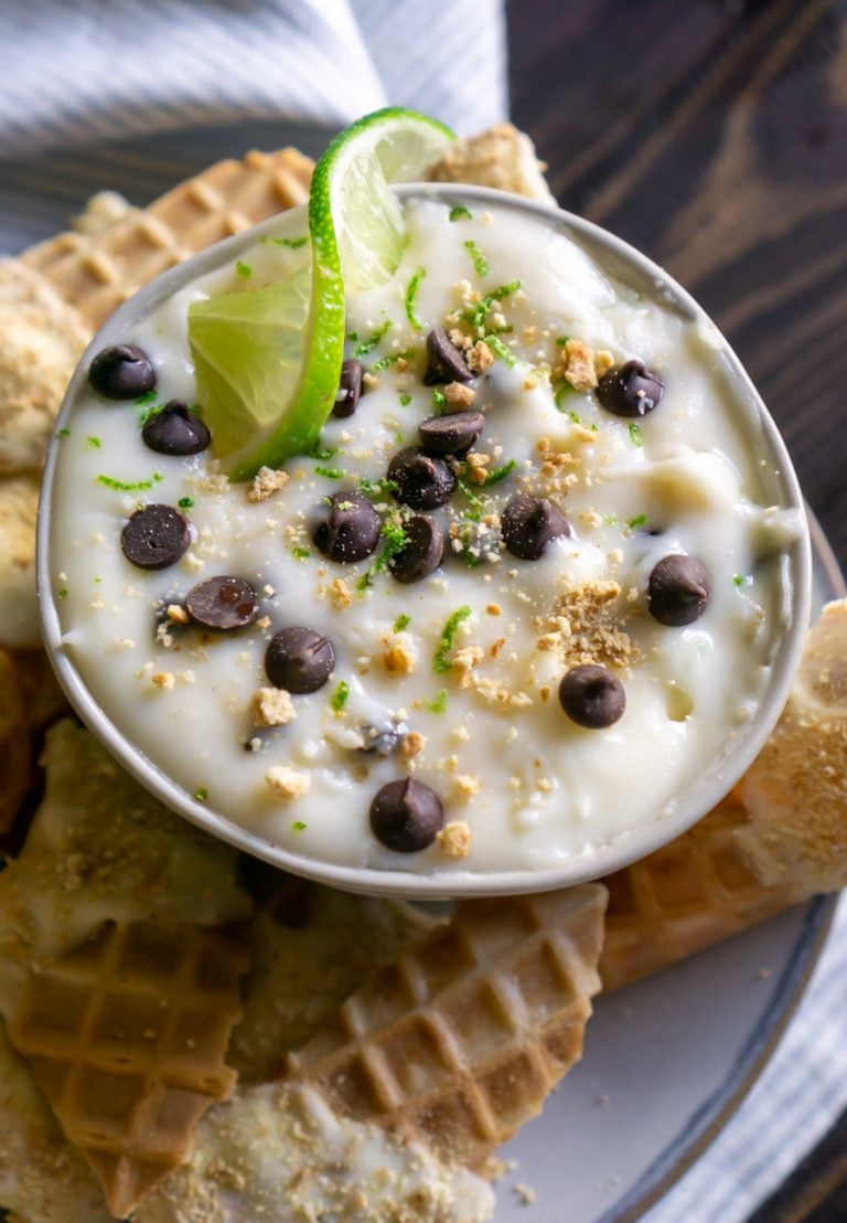 overhead photo of cannoli dip with a lime wedge on top