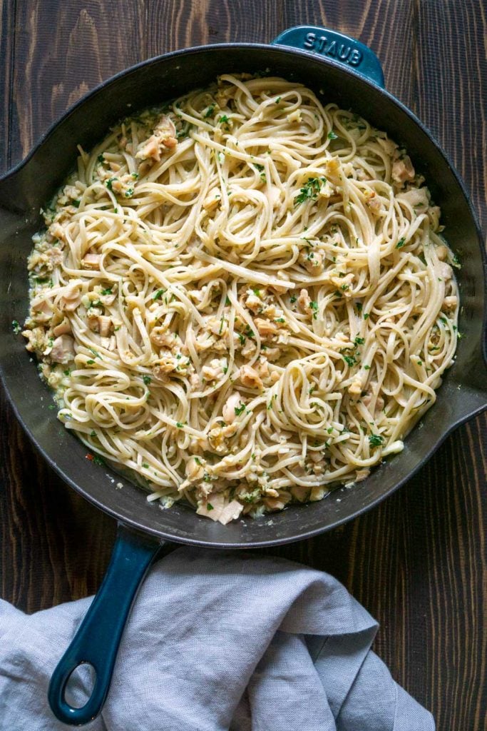 linguine with clam sauce in a pan