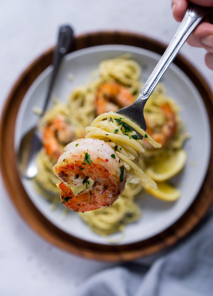 pasta and shrimp on a fork