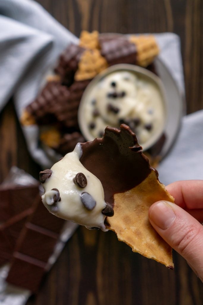 chocolate covered waffle cone chip with cannoli dip