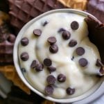 close up of cannoli dip in a small bowl with chocolate chips
