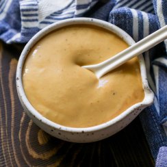 chik fil a sauce recipe in a small white bowl with a white spoon