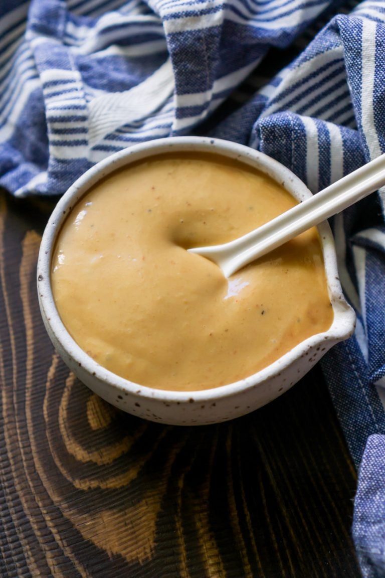 chik fil a sauce recipe in a small white bowl with a white spoon