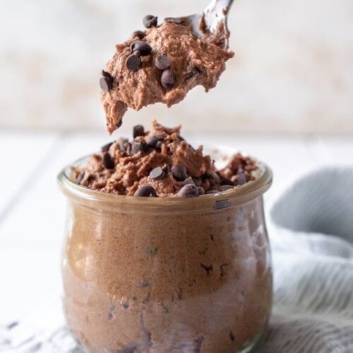 edible brownie batter on a spoon