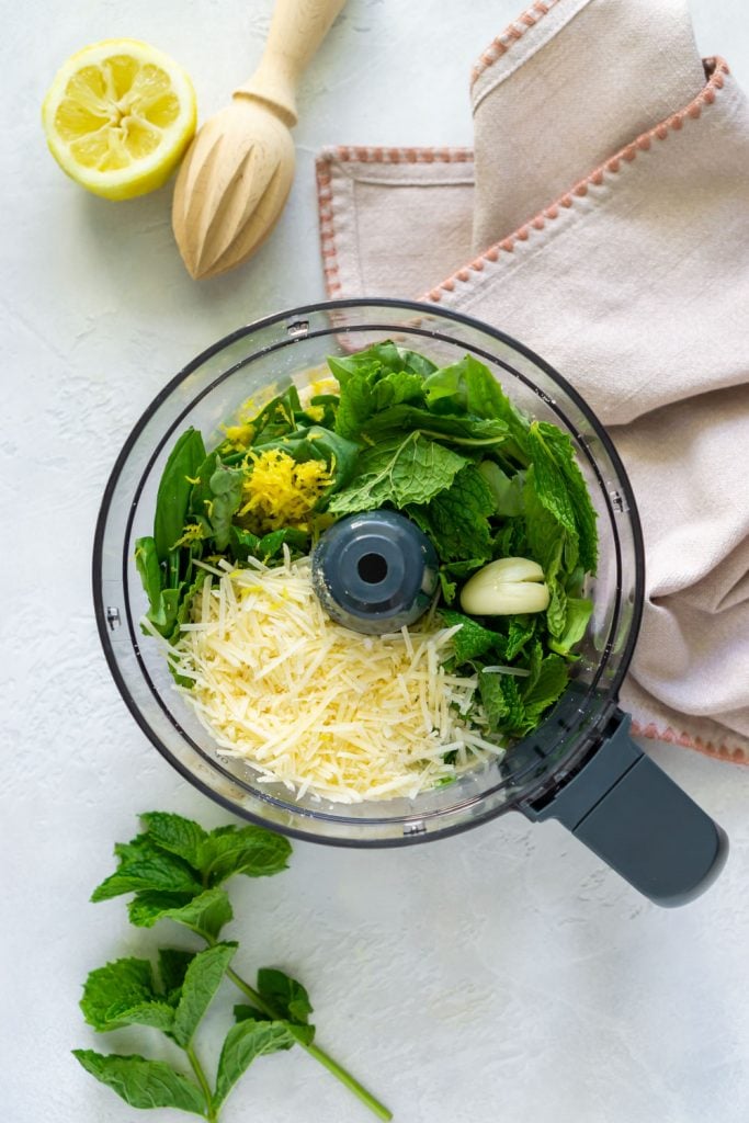 parmesan cheese, basil, mint, and lemon zest in a food processor