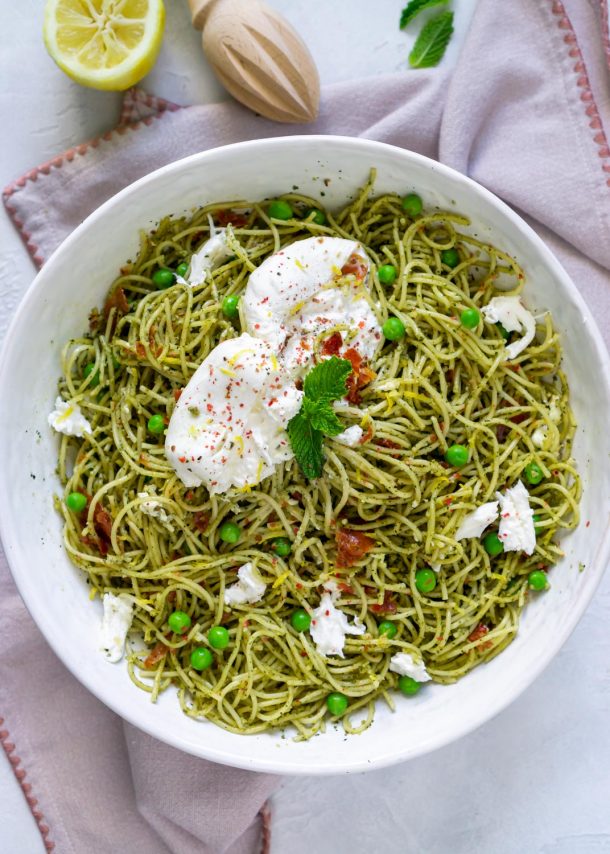 25 Minute Basil Mint Pesto Prosciutto Pasta (with burrata!!!) JZ Eats
