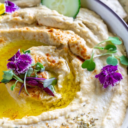 hummus with a cucumber dipped