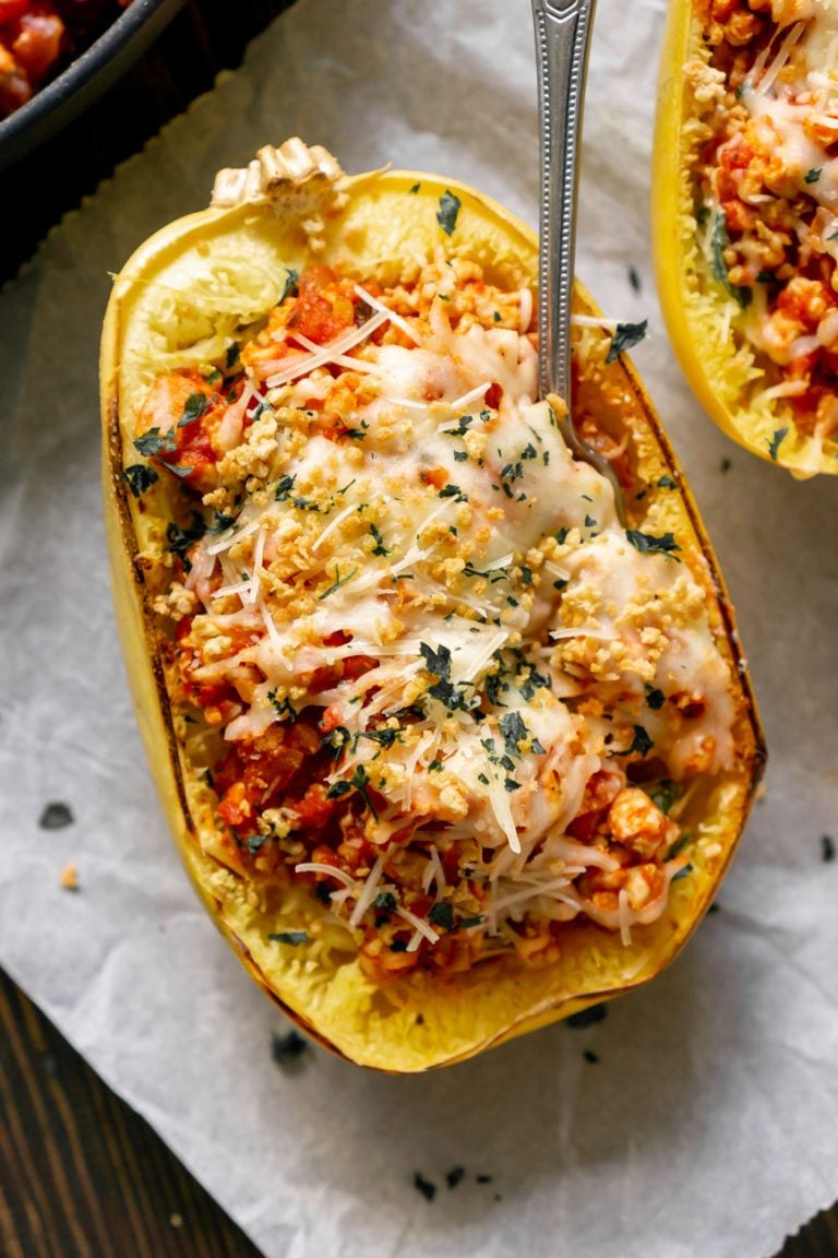 spaghetti squash lasagna boat with a fork