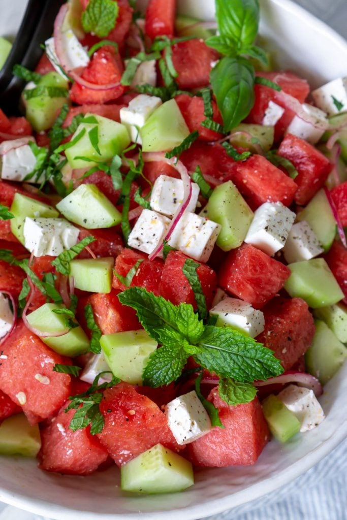 watermelon feta salad in a large white bowl