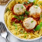 chicken meatballs on a plate with pasta