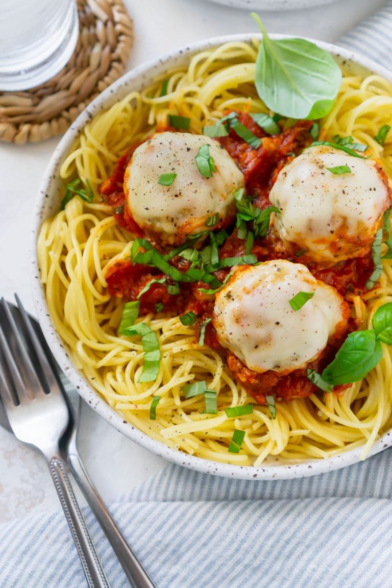 chicken meatballs on a plate with pasta