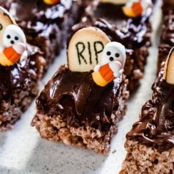 chocolate rice krispie treats with candy ghosts