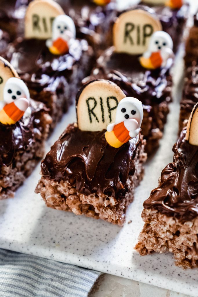 chocolate rice krispie treats with candy ghosts