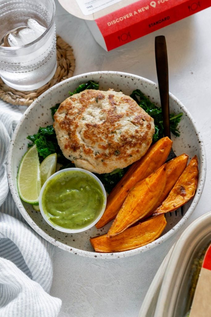 chicken burger with sweet potato wedges