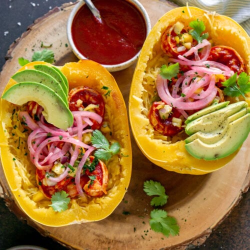 bbq shrimp in spaghetti squash boats