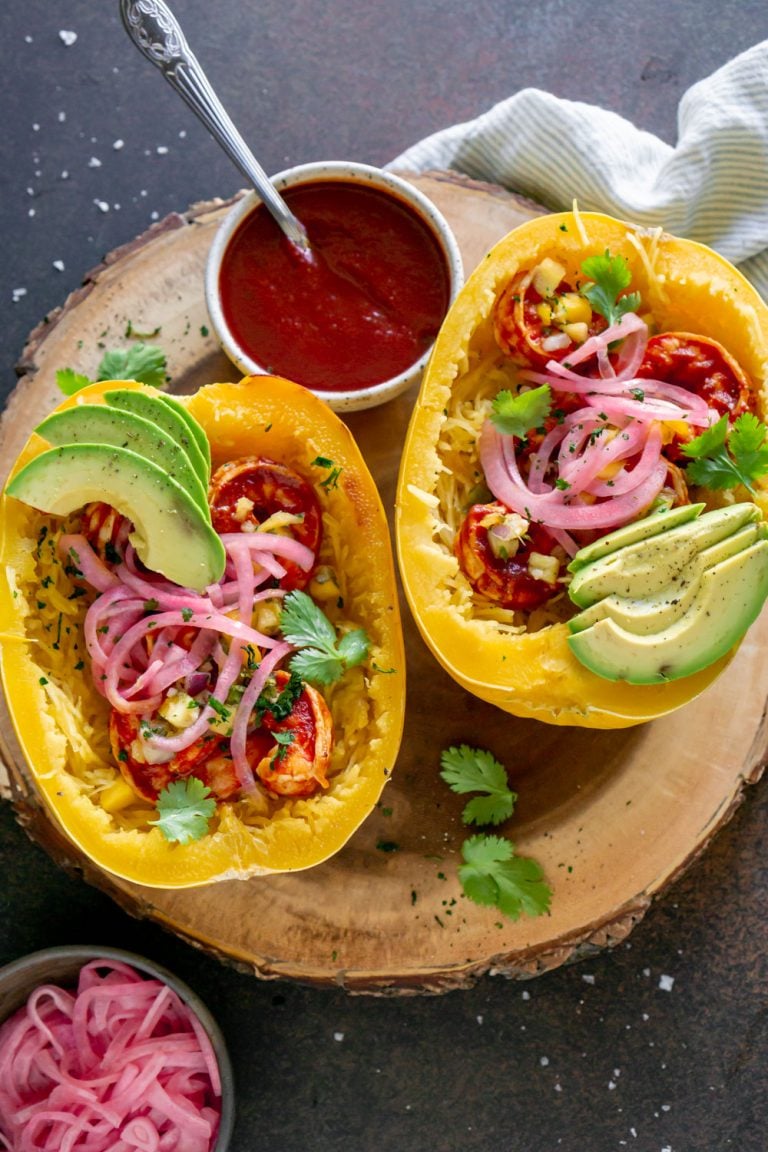 bbq shrimp in spaghetti squash boats