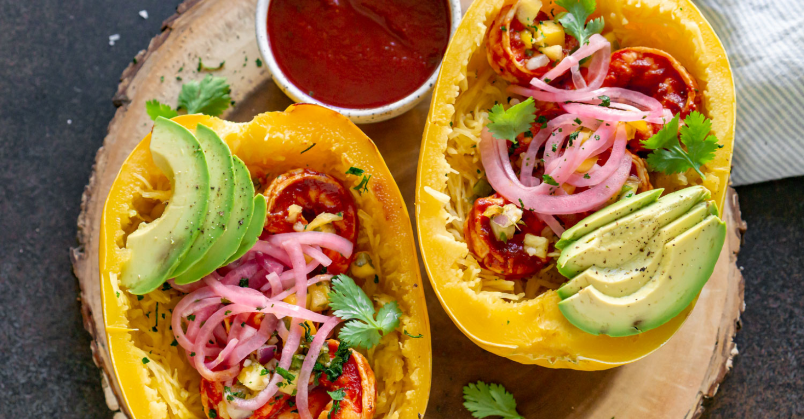 BBQ Shrimp Spaghetti Squash Boats - JZ Eats